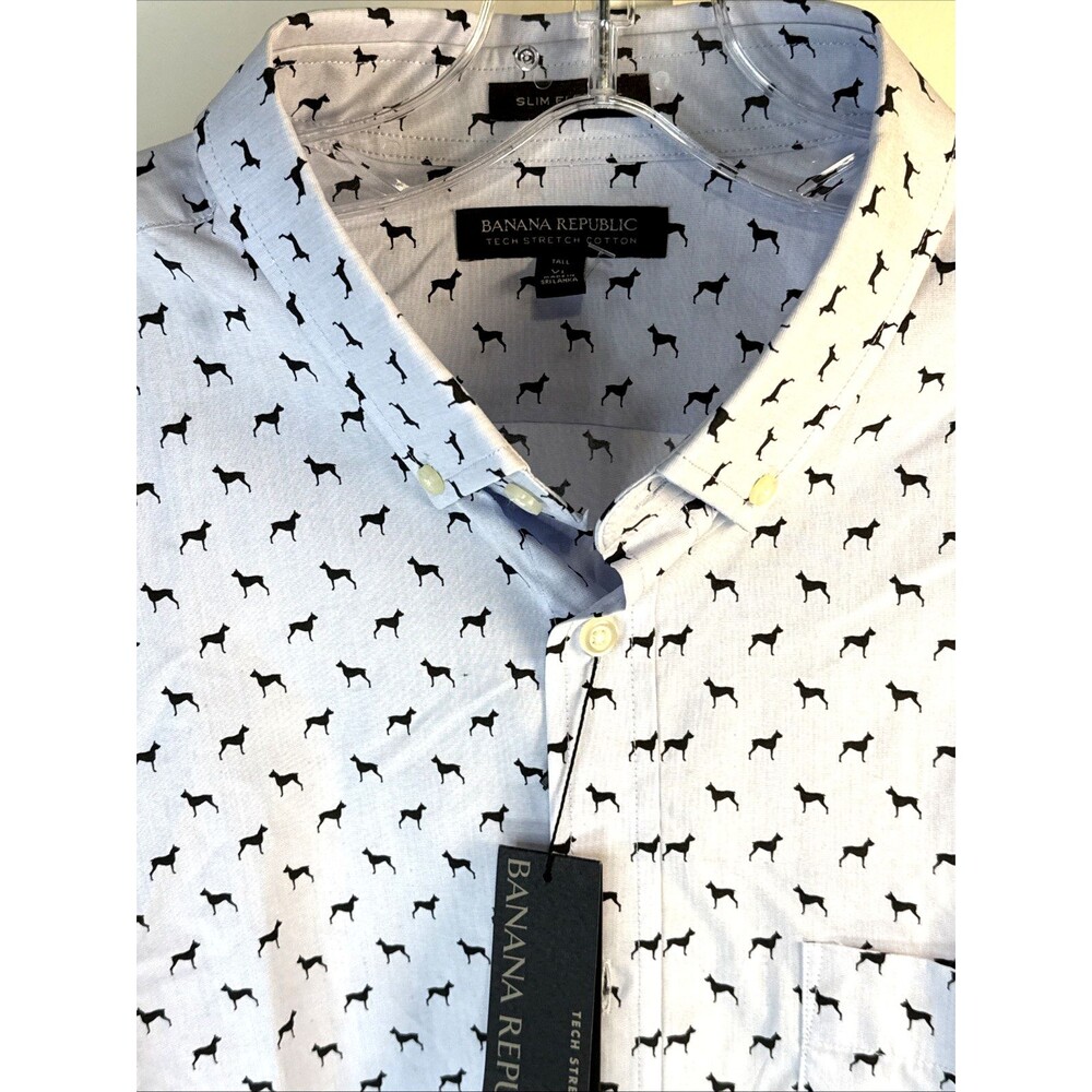 NEW Banana Republic Tech Stretch Cotton Slim Flex Fit Dog Pattern Long Sl XL
